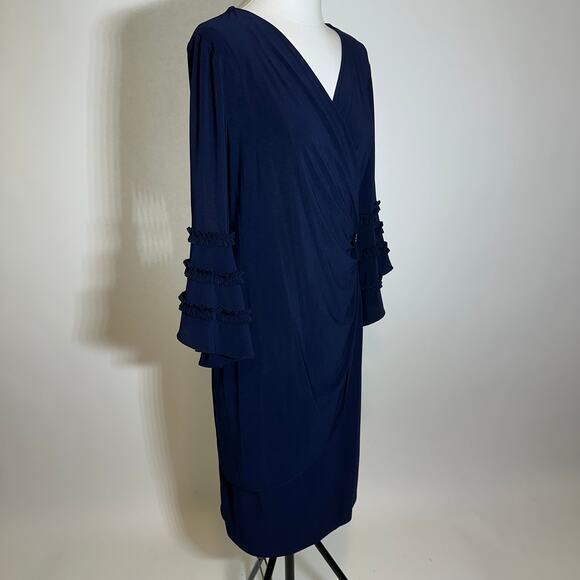 NWT R&M Richards Navy Blue Ruffle Sleeve Faux Wrap Cocktail Dress Womens Size 12 - Picture 3 of 12
